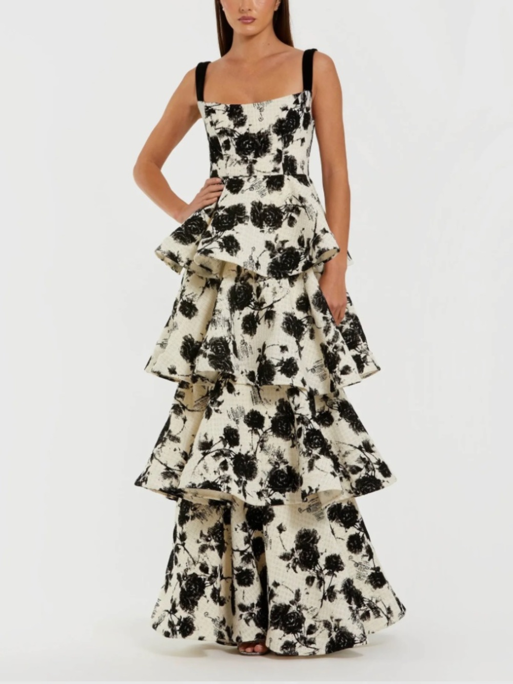 Mac Duggal Black and Cream Tiered Floral Maxi Dress